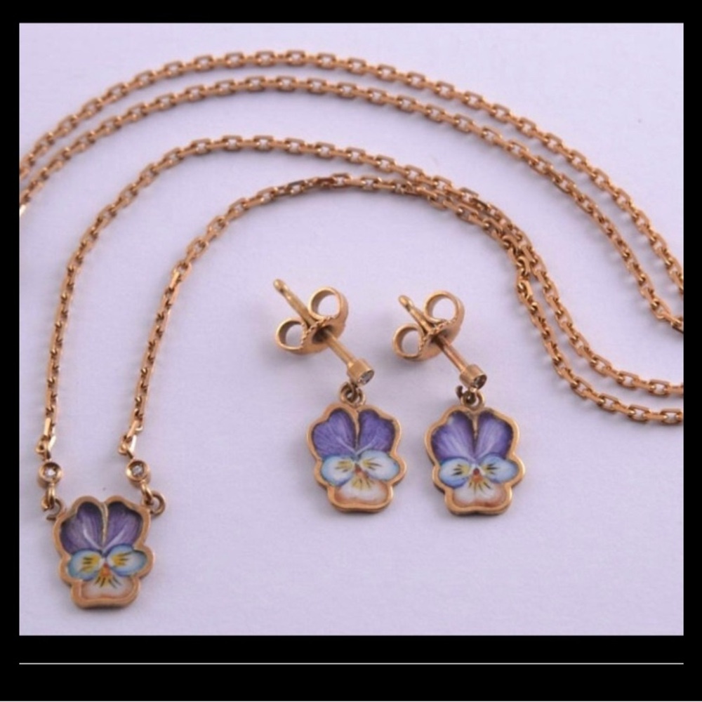Vintage 18k gold Enamel Pansy & Diamond Necklace & Earrings 18k Solid Gold 6.6 g